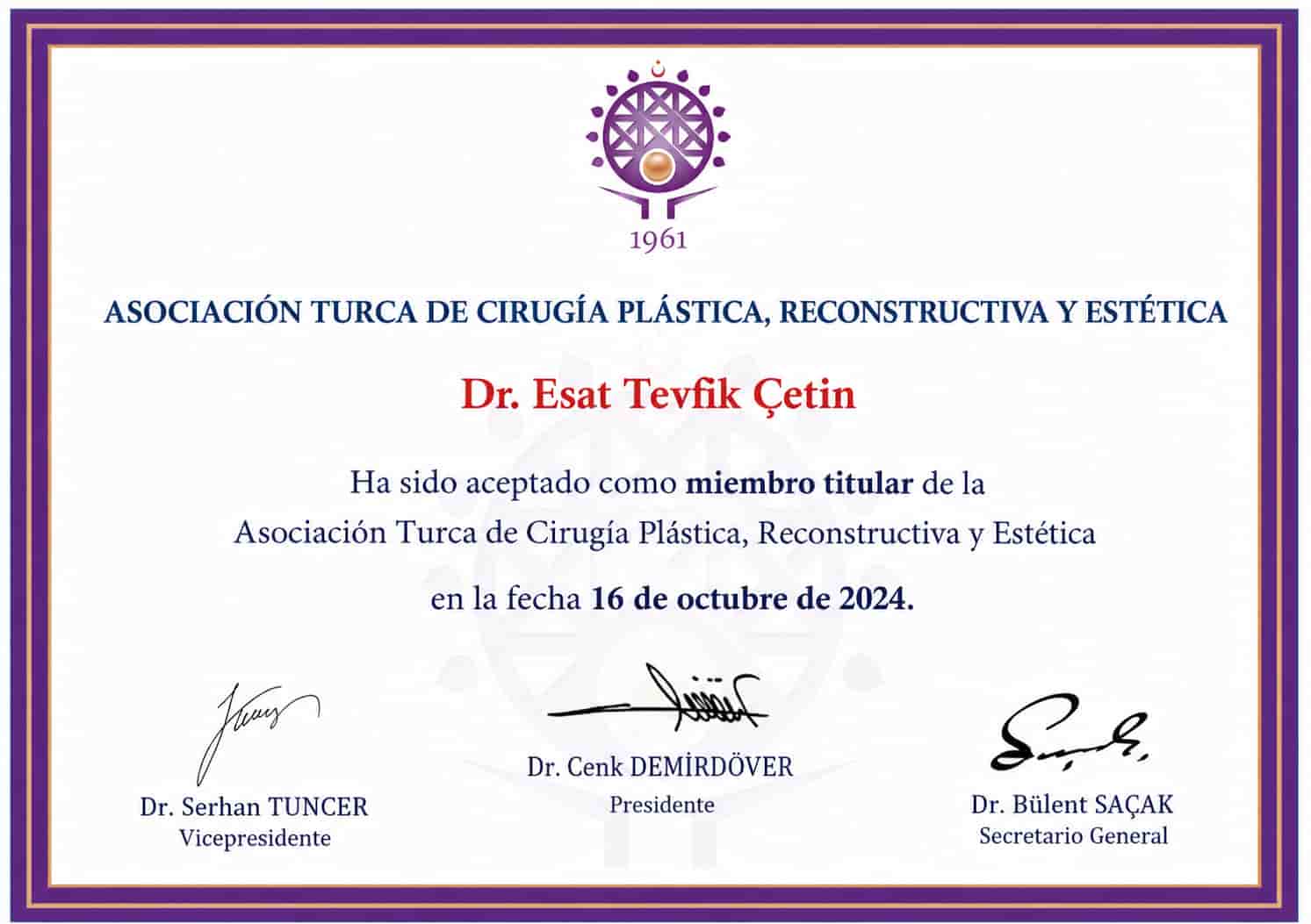 Certificado de miembro titular de la Asociación Turca de Cirugía Plástica, Reconstructiva y Estética del Dr. Esat Tevfik Çetin