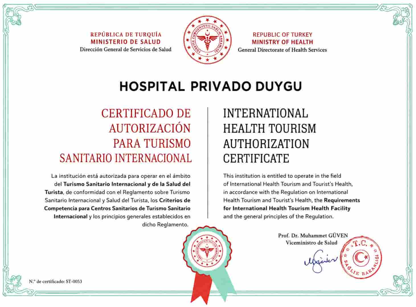 Certificado de Autorización para Turismo Sanitario Internacional del Hospital Privado Duygu, Ministerio de Salud de Turquía