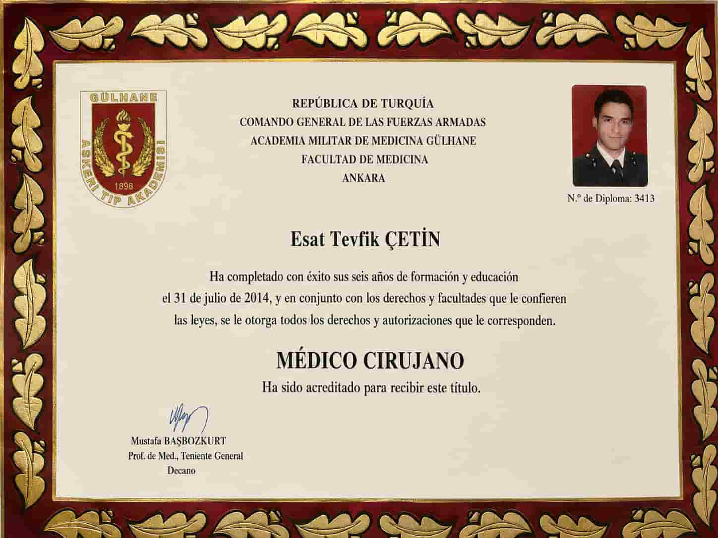 Diploma de Médico Cirujano de la Academia Militar de Medicina Gülhane del Dr. Esat Tevfik Çetin